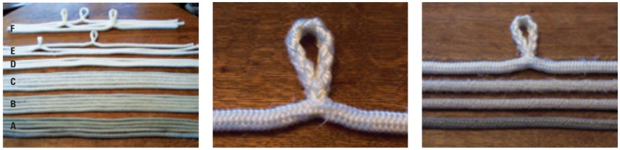 The rope samples line up ready to be tested, left. From the bottom: A, B, C, D, E, F, per the table above. In some cases, washing caused the core of new rope to “pop” through the cover, center. Washing makes polyester rope fuzzy, right.