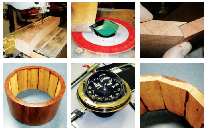 Building the binnacle began with a lucky find: mahogany “findings” from the Fender guitar company. Stephen first cut the block into boards, top left. Then, with a bird’s-mouth bit in the router, top center, he trimmed one side of each board, top right. To achieve perfect symmetry, Stephen assembled the 12 sides of the binnacle in three stages, lower left. Nothing less would serve for the Ritchie compass he found on eBay and restored, lower center. He faired the “clockagon” into a circular cylinder using a random-orbit sander, lower right.