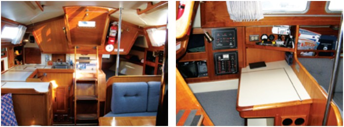 The Ericson 32-III has a neat, well-organized galley with stove/oven, ample storage, and lots of teak, at left. For a boat of this size, the chart table is quite generous. Its seat is the head of the quarter berth, which at 6 feet 6 inches makes an adequate sea berth, at right.