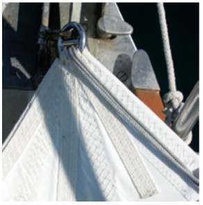 The heft of the tack eye and the reinforcing webbing emphasize the power that this light sail can generate: enough to drive a Bristol 35.5 at 6.5 knots.