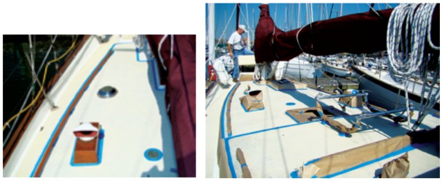 After removing from the deck whatever fittings they reasonably could, Chuck and Susan taped around what remained, at left, then added masking paper as further protection, at right.