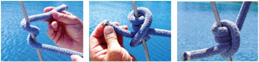 To tie a rolling hitch onto a stay, take two turns around the stay in the direction the load will be applied, at left, cross the end over the standing part, and take another turn, tucking the end under, center and right. Long link plates, bottom right, allow access to the forestay turnbuckle.