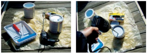 Ultra Tuff non-skid coating contains suspended particles of rubber. To keep them properly mixed, Chuck stirred the product regularly with an electric drill accessory.