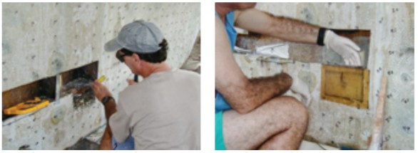 To prevent water from lingering in the bilge, Randy chiseled out a small sump to hold a pair of bilge pumps, at left. The rebuild began with fiberglass laid from the inside against a form, at right.