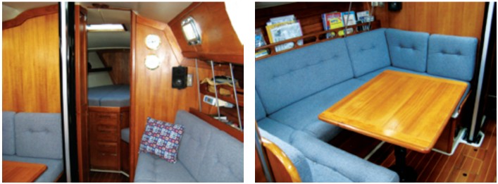 In this view, looking forward from the saloon to the forward cabin, the tie rods connecting the starboard chainplates to the Tri-Axial Force Grid are clearly visible, at left. The dinette table drops to make a 4-foot-wide double berth, at right. The cabin sole is teak-and-holly veneer-faced plywood.