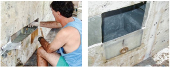Before closing the hole, Randy lined the inside of the bilge with glass cloth and epoxy, at left. The closure then proceeded in stages, at right. Note the little sump and the drain plug.