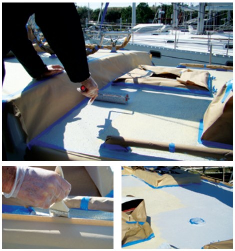 Chuck applies the first of the needed two coats of non-skid with a roller, at top. In areas the roller can’t reach, the product can be dabbed on with a brush, lower left. The first coat is applied in areas about a yard square to ensure it goes on evenly, lower right.