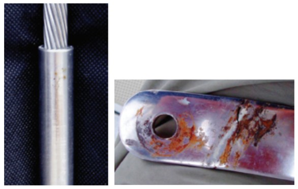 Internal corrosion in swaged terminals, caused by the accumulation of seawater, dirt, and acidic pollutants, leads to cracking and failure. Note the small vertical crack at the top of this fitting, at left. Pulling and inspecting chainplates is prudent because, when viewed from above and below, they often appear serviceable, as this upper shroud chainplate did, at right. If this crack had remained undiscovered, the rig was destined to suffer a catastrophic failure.