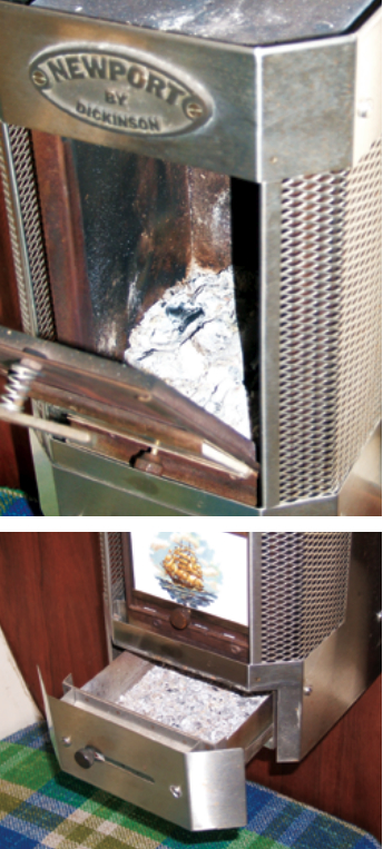 The firebox isn’t very large but it puts out a lot of heat, top. Ashes collect in a convenient drawer, above.