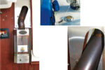 As well as providing welcome warmth, a cabin heater makes a charming addition to a sailboat’s saloon, facing page. It gets air from the deck vent and its smoke and fumes exit through the Charlie Noble, here under its canvas cover, above. Connecting the flue from the stove to the chimney produced some interesting angles, below right.