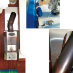 As well as providing welcome warmth, a cabin heater makes a charming addition to a sailboat’s saloon, facing page. It gets air from the deck vent and its smoke and fumes exit through the Charlie Noble, here under its canvas cover, above. Connecting the flue from the stove to the chimney produced some interesting angles, below right.