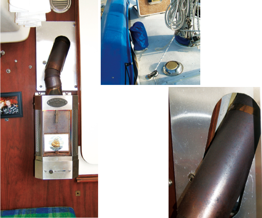 As well as providing welcome warmth, a cabin heater makes a charming addition to a sailboat’s saloon, facing page. It gets air from the deck vent and its smoke and fumes exit through the Charlie Noble, here under its canvas cover, above. Connecting the flue from the stove to the chimney produced some interesting angles, below right.