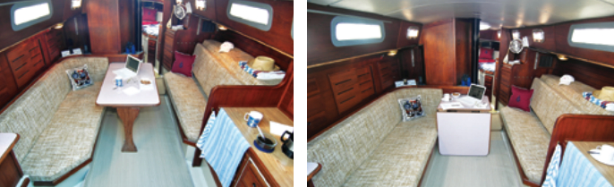The layout of the Islander 36 broke the mold for sailboat interiors, using a disappearing table and low partitions to create an openness imitated in many designs to this day. Its designer, Joe Artese, also employed angled partitions and bulkheads to make the spaces more interesting.