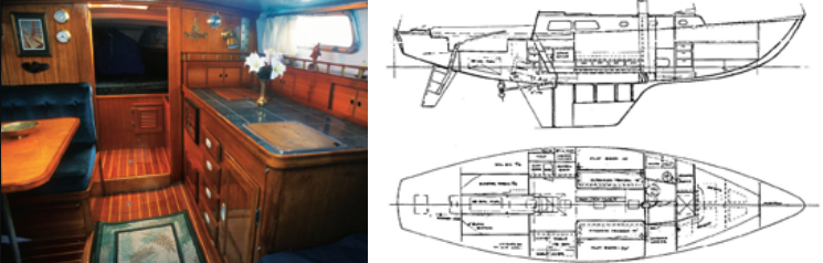 The Cal 25 has what Bob Perry calls the “California” layout with the galley along one side of the saloon and a dinette opposite, at left above. The Cal 40, at right above, has the long overhangs typical of the CCA era, limiting the length the designer, Bill Lapworth, had to work with for the interior. The drawings are characteristic of the pre-digital age, but it’s possible to make out the pilot berths outboard in the saloon and the split galley that allows access to the quarter berths under the cockpit. The icebox, on the starboard side, doubles as a nav table.