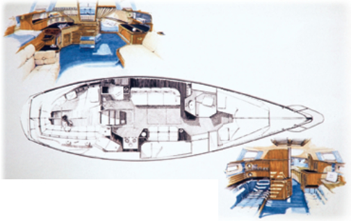 As this reproduction of his original artwork for the Islander 36 shows, Joe Artese also brought a new and colorful way of presenting sailboat interior design drawings.