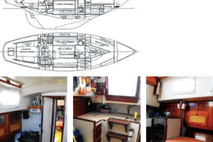 As simple as it looks, the Alberg 35’s interior plan, at left, was the product of hours of painstaking work by the designer, trading inches between saloon and fo’c’s’le, at bottom left, and galley, at bottom center and right.