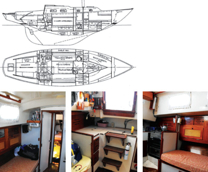 As simple as it looks, the Alberg 35’s interior plan, at left, was the product of hours of painstaking work by the designer, trading inches between saloon and fo’c’s’le, at bottom left, and galley, at bottom center and right.