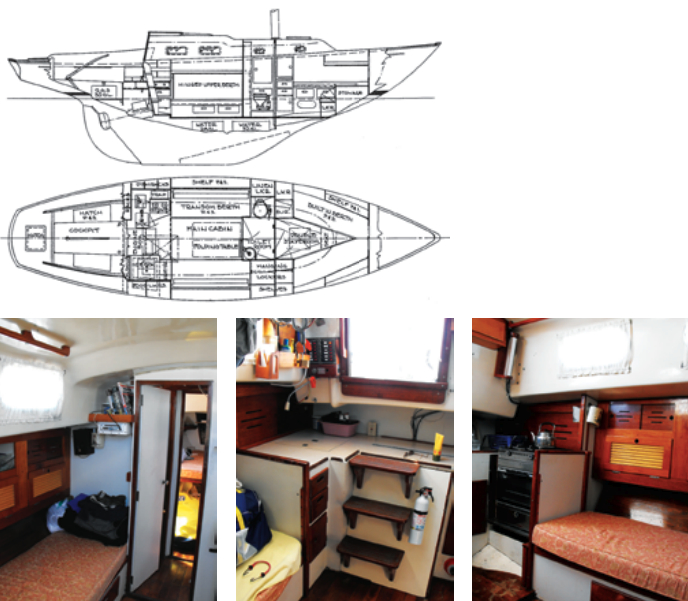 As simple as it looks, the Alberg 35’s interior plan, at left, was the product of hours of painstaking work by the designer, trading inches between saloon and fo’c’s’le, at bottom left, and galley, at bottom center and right.