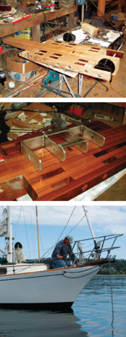 For looks and durability, Gary built the sprit of teak, at top, and stainless steel, middle, and the end result fits the boat to a T, at bottom.