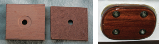 Plywood crushes under pressure but Masonite doesn’t, at left. Masonite sandwiched between two layers of plywood makes a sturdy backing plate with cosmetic appeal, at right.