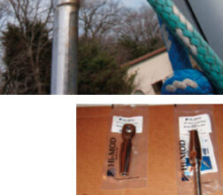 A suspect swaged fitting, at right, led Andy to replace the whole backstay on a Tartan 37. He chose to use Hi-MOD mechanical fittings, center. Adam, the boat’s owner, was away on business, bottom, leaving Andy in charge.