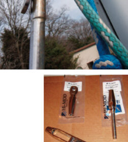 A suspect swaged fitting, at right, led Andy to replace the whole backstay on a Tartan 37. He chose to use Hi-MOD mechanical fittings, center. Adam, the boat’s owner, was away on business, bottom, leaving Andy in charge.