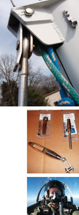 A suspect swaged fitting, at right, led Andy to replace the whole backstay on a Tartan 37. He chose to use Hi-MOD mechanical fittings, center. Adam, the boat’s owner, was away on business, bottom, leaving Andy in charge.