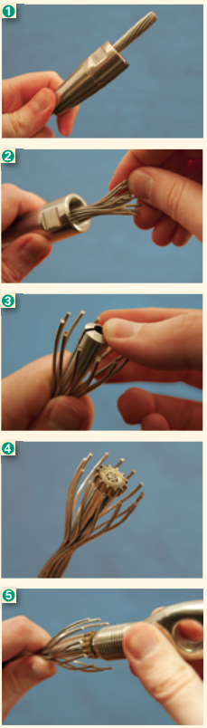 To install a hi-MOD fitting, start by sliding the body over the wire (1). unlay the wire for a short distance by twisting it against the lay (2). Slip the cone over the wire’s core (3). Slip the slotted crown ring over the core behind the cone (4). Push the ring and cone along the core using the end of the terminal (5). an indent in the terminal’s end sets the ring at the correct distance.