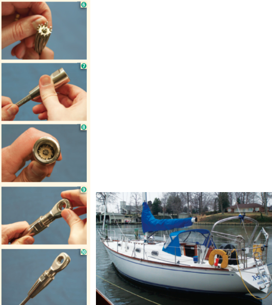 With the cone and crown ring in place, gently twist the wire strands with the lay and set them in the slots in the crown ring (6). Pull the body up over the core and crown ring (7). Check that the wire strands are in order (8). Screw the stud into the body (9). the assembled fitting is neat and secure (10). Audentia awaits her new owner, and her new name, at right.