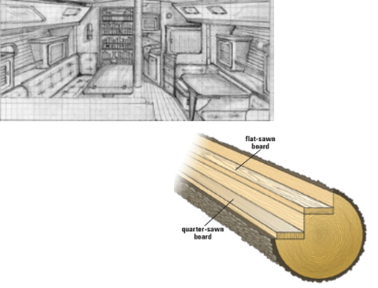 Working from a photograph, John sketched out a piece of furniture to provide the desired storage while making the saloon table easy to stow and deploy, above. Quarter-sawn and flat-sawn planks from the same log differ in both grain pattern and dimensional stability, bottom.