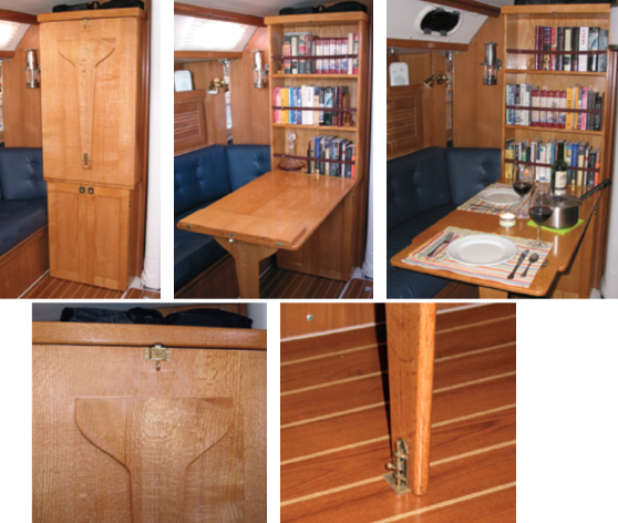 Stowed for sea, the saloon table all but disappears, top left. Opened, it reveals the bookcase and, with flap extended, provides generous dining space, top right. John chose oak for its characteristic grain pattern, far left, and left no detail to chance, near left.