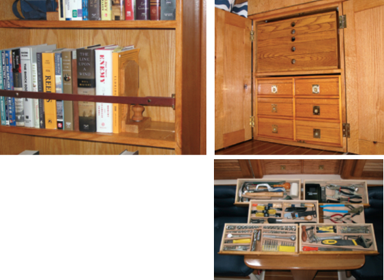 Leather straps hold the books in the shelves while adjustable stops maintain order athwartships, above left. The lower unit holds tools and spares, above right. Shallow tool drawers reveal their contents at a glance, below right.