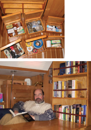 Made as boxes, the lower unit’s lower drawers can be carried without their contents spilling, at left. John relaxes in the knowledge that the boat’s library, tools, and odds and ends are secure and readily accessible, below.