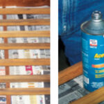 After removing the toerails from the boat, Gregg took off all traces of the old finish with a vibrating palm sander, far left. Wiping the smooth, uniform surface with acetone ensured that the parts were free of sanding dust, at left.