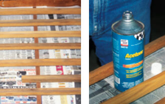 After removing the toerails from the boat, Gregg took off all traces of the old finish with a vibrating palm sander, far left. Wiping the smooth, uniform surface with acetone ensured that the parts were free of sanding dust, at left.