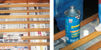 After removing the toerails from the boat, Gregg took off all traces of the old finish with a vibrating palm sander, far left. Wiping the smooth, uniform surface with acetone ensured that the parts were free of sanding dust, at left.