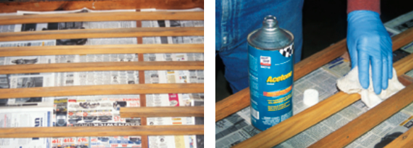 After removing the toerails from the boat, Gregg took off all traces of the old finish with a vibrating palm sander, far left. Wiping the smooth, uniform surface with acetone ensured that the parts were free of sanding dust, at left.