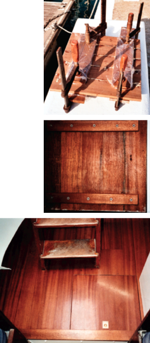 The sole boards were glued up with a one-part polyurethane glue and sandwiched between stout pieces of lumber to keep them flat, top right. (The photo was taken once the glue was dry and after the long clamps that squeezed the boards tightly together had been removed.) Crosswise battens screwed to the underside of one of the lift-out hatches strengthen it and help hold it in place, middle right. The finished sole is made up of five pieces, bottom right.