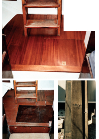 The finished cabin sole, above, was made out of boards prepared from weathered mahogany bannister rails rescued from a building site, below right. It replaced the original sole, which had been pieced together from various bits of plywood, below left.