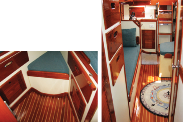 Donna, the Varnish Queen, has left her mark throughout Sin Sal, in the galley and main saloon, at right, in the forepeak, at bottom, and on the new teak-and-holly cabin sole.