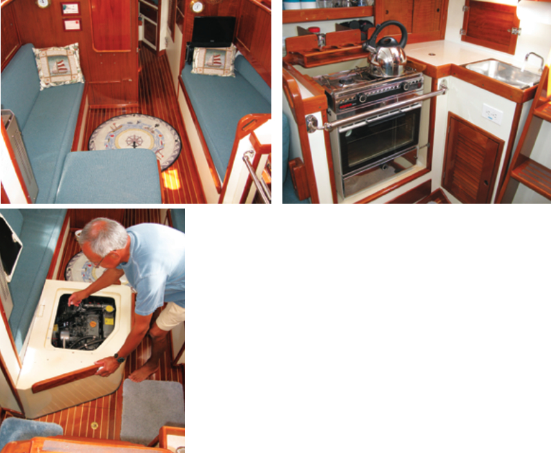 Sin Sal probably looks better belowdecks than when she was new, especially given what was fashionable interior decor in the 1970s. Max and Donna have lavished attention on her, with new upholstery and a new teak table, at left above, and new countertops, at right above, without making any significant alterations to her layout. Because the engine is wonderfully accessible, it gets a regular spit and polish too, below.