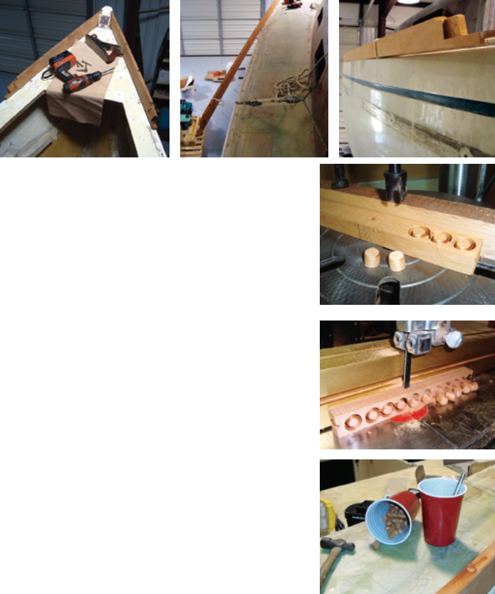The rail chocks make a tidy transition between the sections of toerail, below, and with a coat or two of varnish, the toerails begin to take on that sought-after classic look, at right.