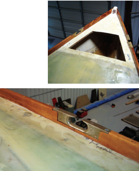 Stephen started fitting the toerails at the bow, at left. To bend the 10-foot lengths to the deck line, he used a handy billy, center and at right. After purchasing a plug cutter, Stephen used it prolifically, below, and plugged over the countersunk heads of the toerail bolts, at bottom.