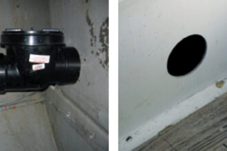 By dry-fitting all of the parts of his oversize scuppers, John ensured that they would align properly and that he would cut the holes in the right places, at left. The new scupper cut in the cockpit side dwarfs the original cockpit drain, at right.
