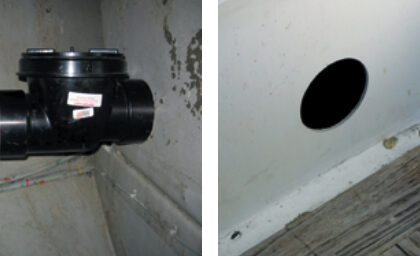 By dry-fitting all of the parts of his oversize scuppers, John ensured that they would align properly and that he would cut the holes in the right places, at left. The new scupper cut in the cockpit side dwarfs the original cockpit drain, at right.