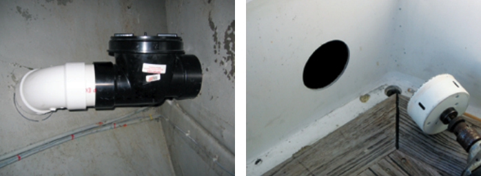 By dry-fitting all of the parts of his oversize scuppers, John ensured that they would align properly and that he would cut the holes in the right places, at left. The new scupper cut in the cockpit side dwarfs the original cockpit drain, at right.