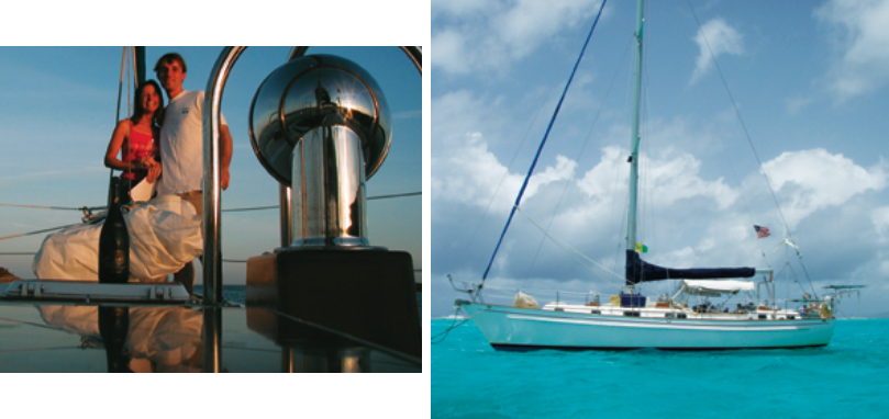 A third search for the “perfect boat” turned up a Kelly- Peterson 44. In an onboard ceremony, Susan and Hale christened her Cayuga, facing page. This boat has taken them to destinations they had long dreamed of, at right.