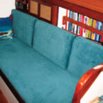 New cushions make a big splash in any good old boat, and Sirena’s are no exception. They look plump and inviting because Mary cut the foam a little larger than the cushion covers.