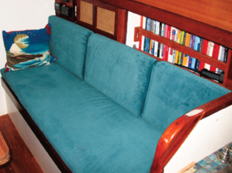 New cushions make a big splash in any good old boat, and Sirena’s are no exception. They look plump and inviting because Mary cut the foam a little larger than the cushion covers.