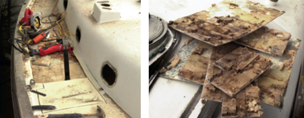 Armed with sharp tools, blunt instruments, and dull senses, the author excised the top laminate of his boat’s deck and the moldering balsa core beneath it.